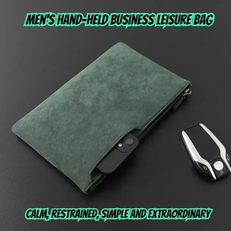 Men's Suede Clutch Bag, Business Casual Zipper Hand Purse, Large‑capacity Handbag for Cell Phone ID Card Coins Storage