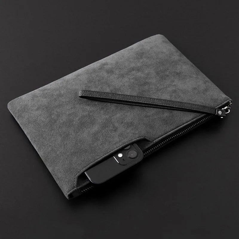 Men's Suede Clutch Bag, Business Casual Zipper Hand Purse, Large‑capacity Handbag for Cell Phone ID Card Coins Storage